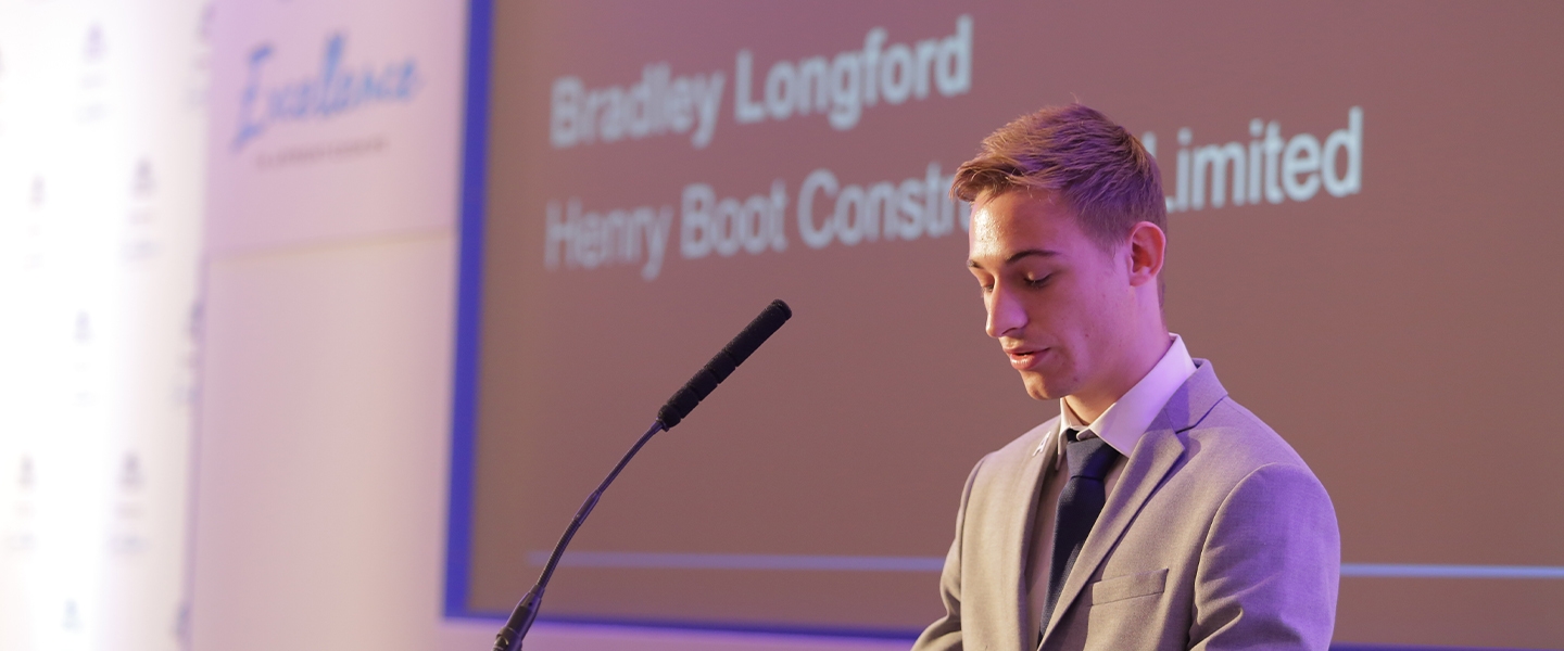 Bradley on stage co-hosting the Yorkshire and Humber Apprenticeship Awards